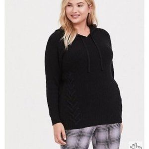 Torrid Knit Black Hooded Sweater Rib Lace Up Raglan Tunic